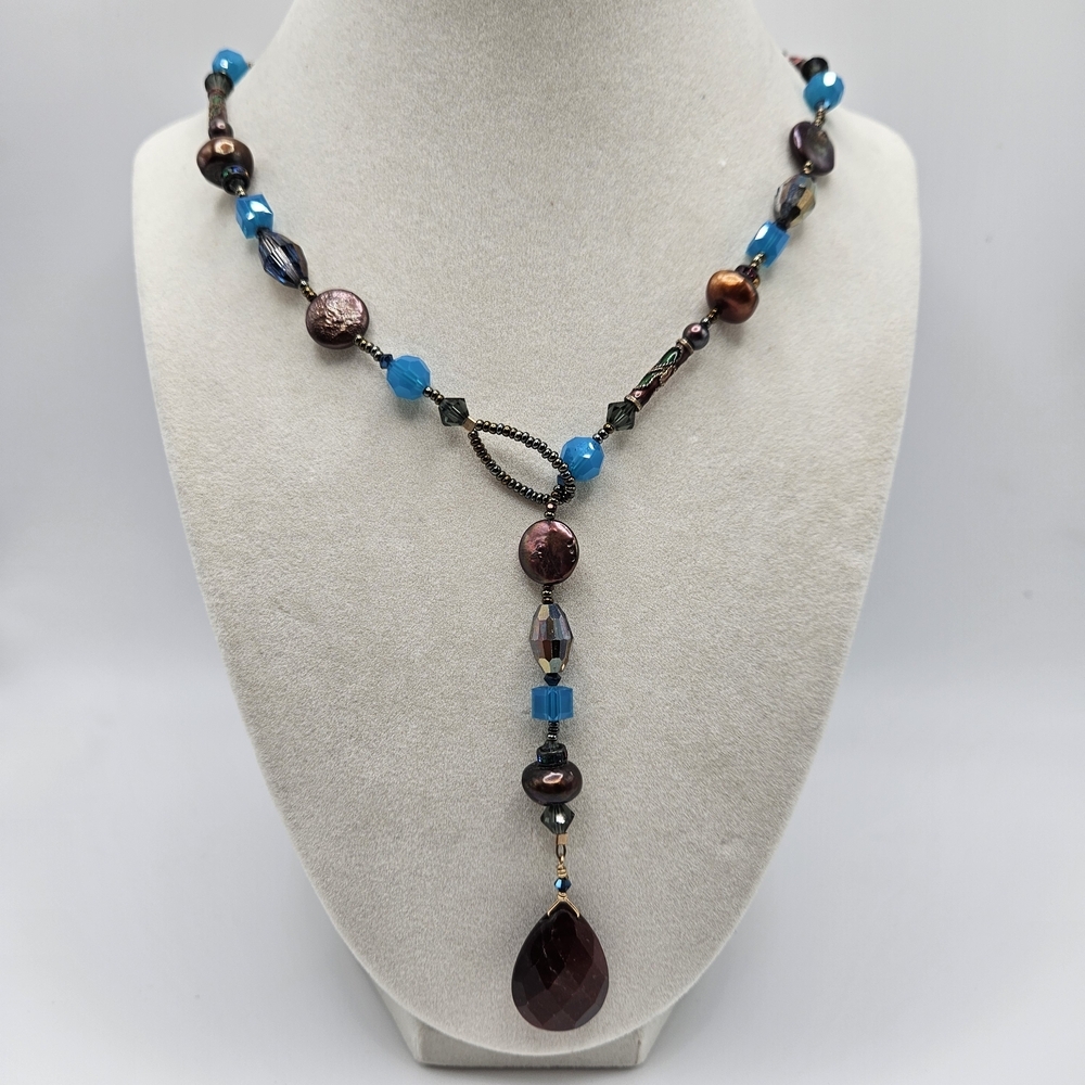 VINTAGE Blue and Brown Glass Cloisonne  Beaded Lariat Y-Drop Necklace